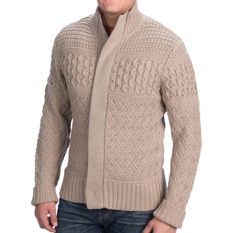 71%OFF メンズカジュアルセーター ナチュラルブルーケーブルニットセーター - フルジップ（男性用） Natural Blue Cable-Knit Sweater - Full Zip (For Men)